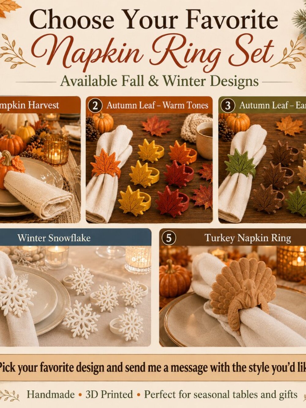 Set of 6 Handmade 3D Printed Napkin Rings – Choose Your Favorite Design